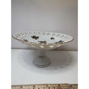 Lefton Pedestal Plate Holly Berry Christmas Dish Candy Cookie Cake Dessert Dish